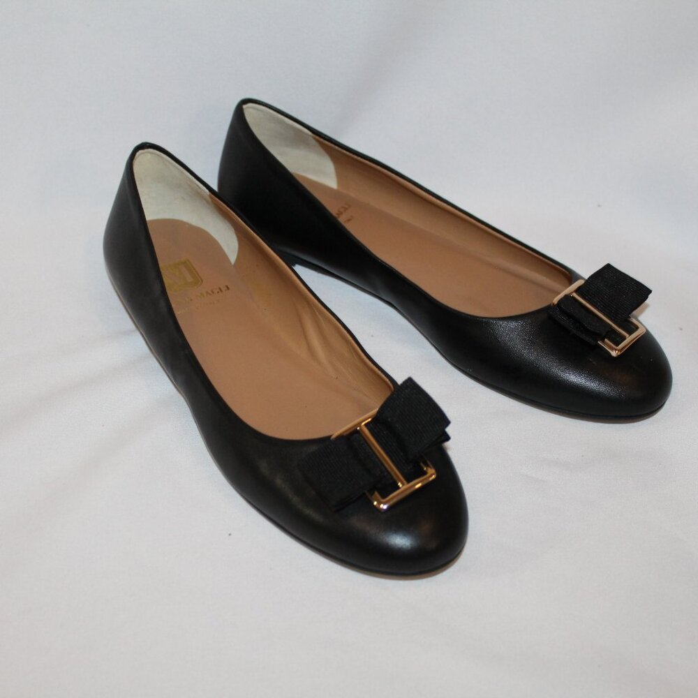 NEW BRUNO MAGLI LEATHER GOLD HARDWARE BOW‎ FLATS BLACK 7.5